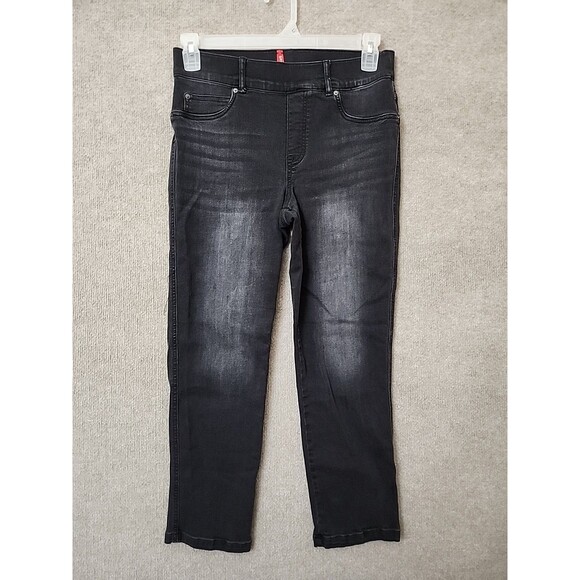 Spanx Ankle Straight Jeans Womens M Petite Black Pull On Stretch Denim - Picture 1 of 7